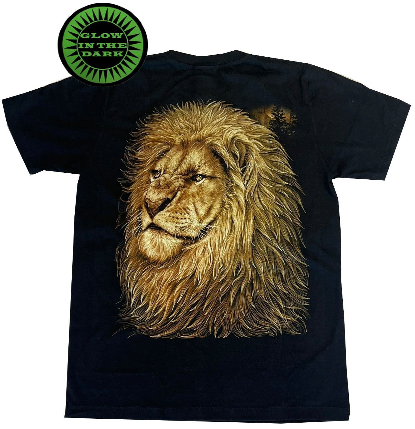 Black t-shirt with a lion graphic and 'Glow in the Dark' label on a white background
